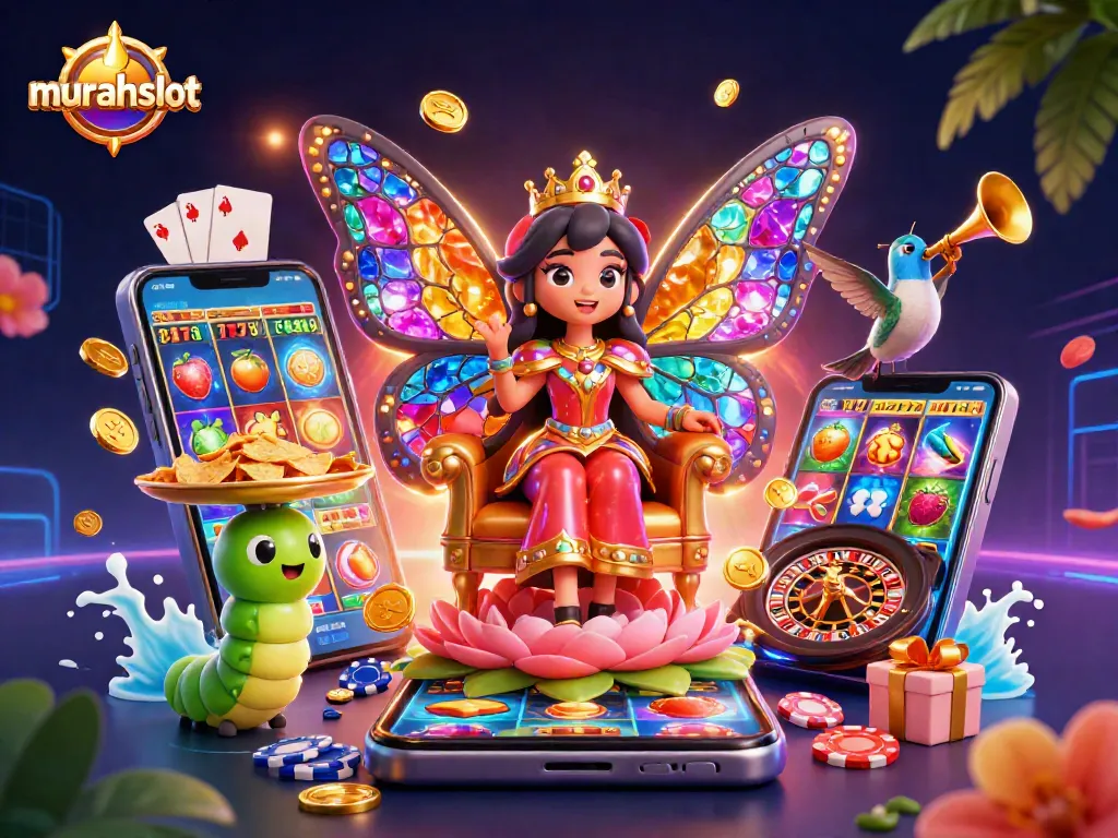 Menangkan jackpot di murahslot dengan ilustrasi ratu kupu-kupu 3D dan simbol slot menunggu keberuntungan Anda.