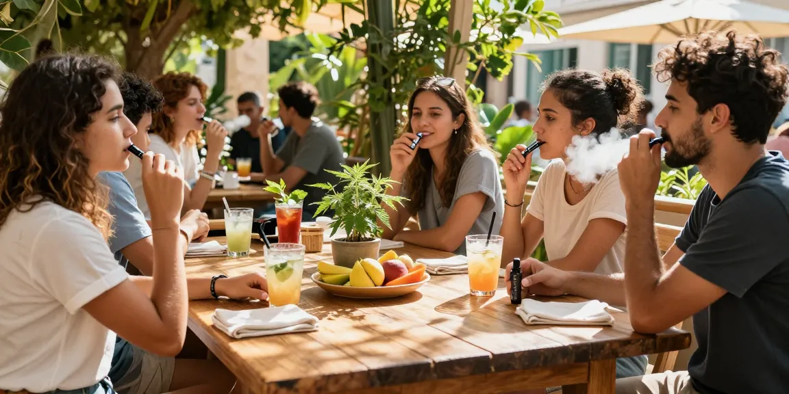Legal vaping age in Cyprus context with friends enjoying responsible vaping, wellness-inspired atmosphere featuring CBD-infused drinks.