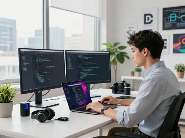 Youthful software developer engaged in coding at a bright tech workspace, showcasing innovation and technology with a focus on a80.