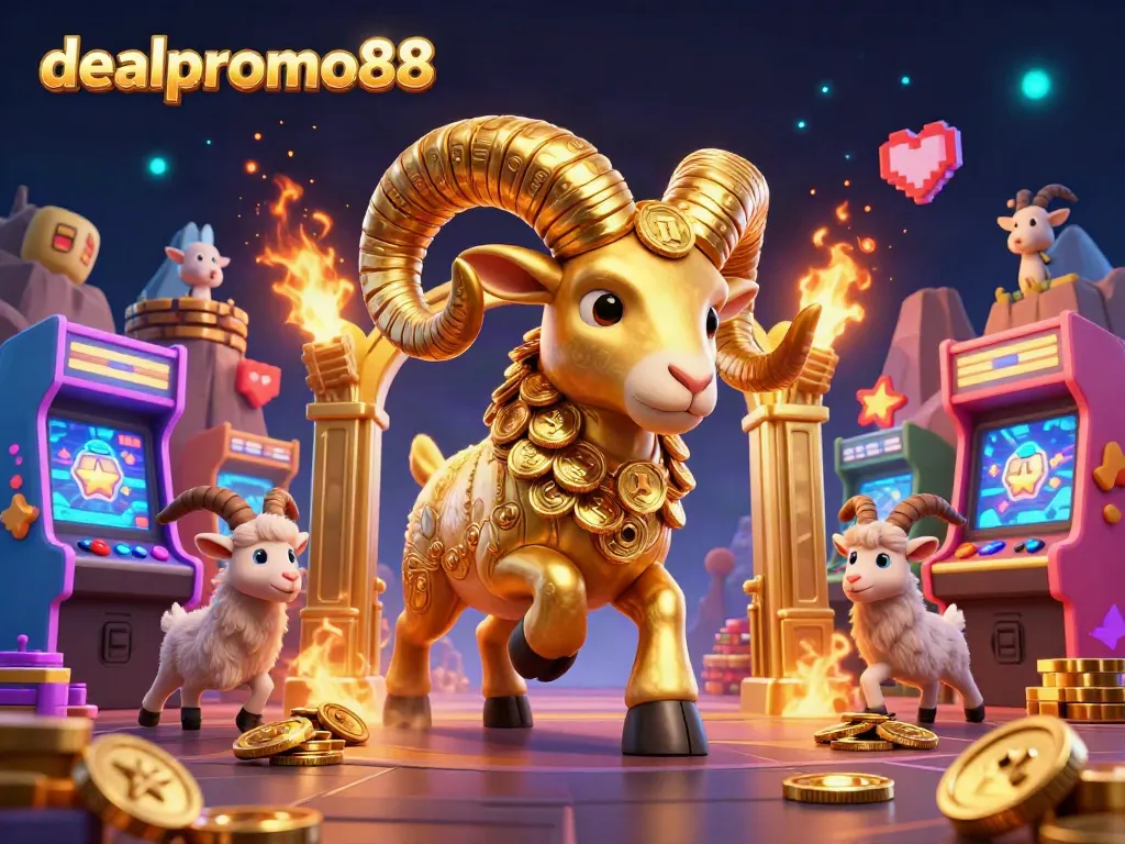 Experience excitement with dealpromo88 as a golden ram charges through a vibrant casino scene full of game elements.