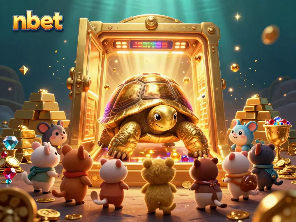 Experience nbet with a colossal tortoise, shiny jewels, and dynamic casino elements in a rich, engaging scene.