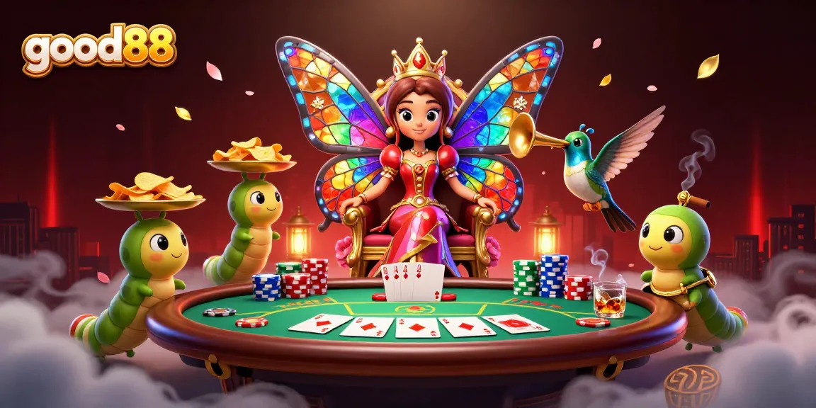 Experience good88 excitement with a vibrant casino-themed digital illustration filled with dynamic gaming elements.