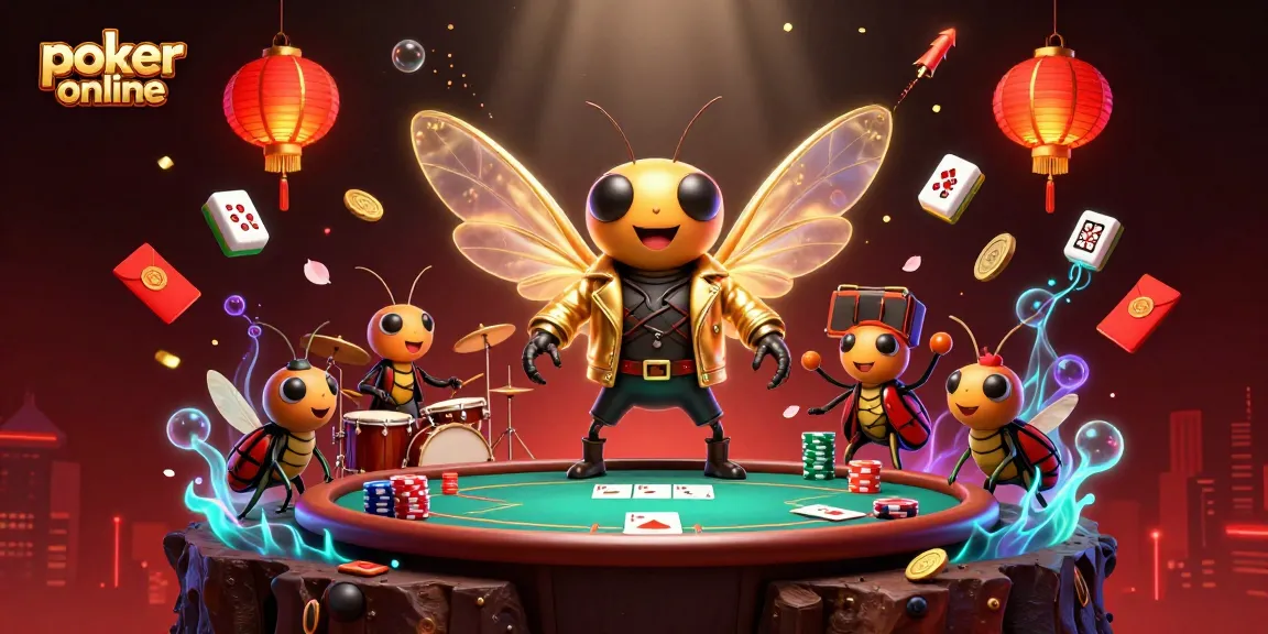 Memenangkan poker online dengan gaya unik, menampilkan cicada rock star dan elemen kasino berwarna-warni.