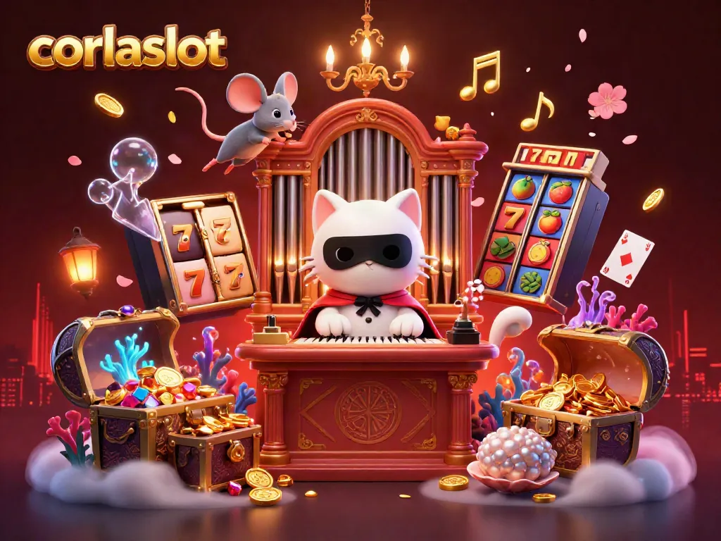 Engage with corlaslot's vibrant 3D casino scene featuring a whimsical white cat and a variety of exciting slot elements.