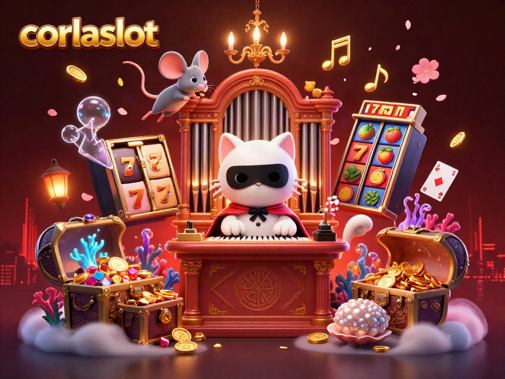 Engage with corlaslot's vibrant 3D casino scene featuring a whimsical white cat and a variety of exciting slot elements.