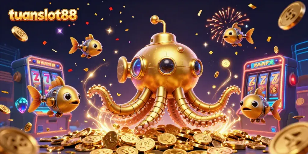 tuanslot88 menampilkan ilustrasi 3D yang penuh warna dengan kraken emas dan koin bersinar yang merepresentasikan permainan slot luar biasa.