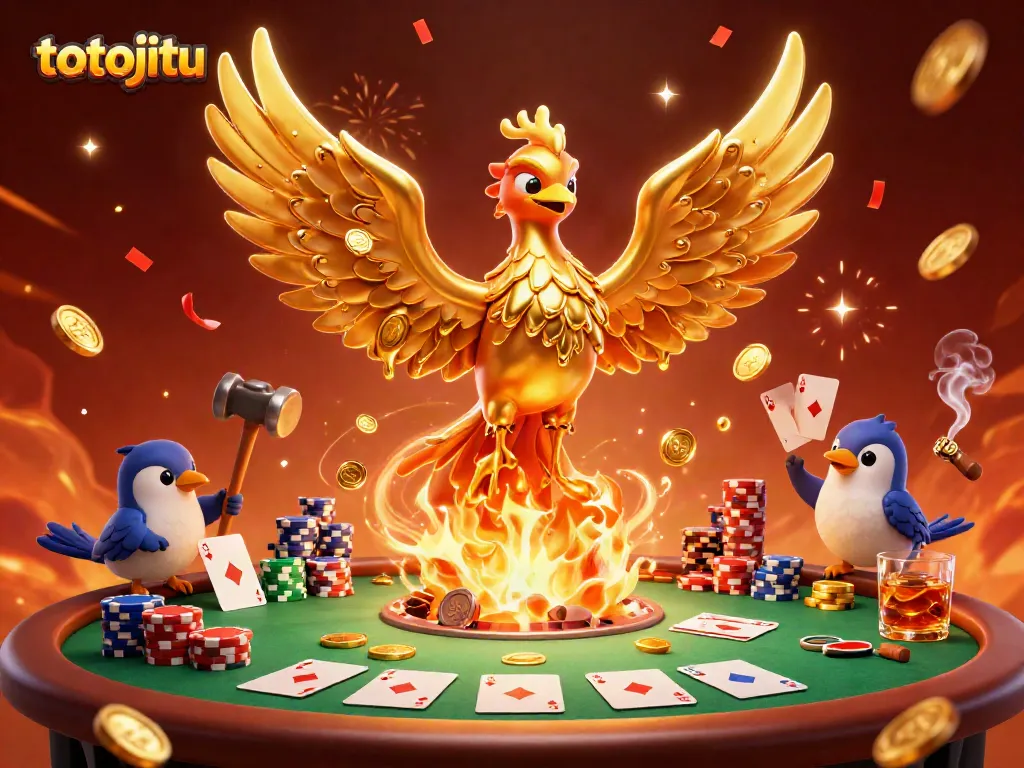 Join the thrilling totojitu gaming experience with a dazzling phoenix and poker elements in a rich 3D scene.
