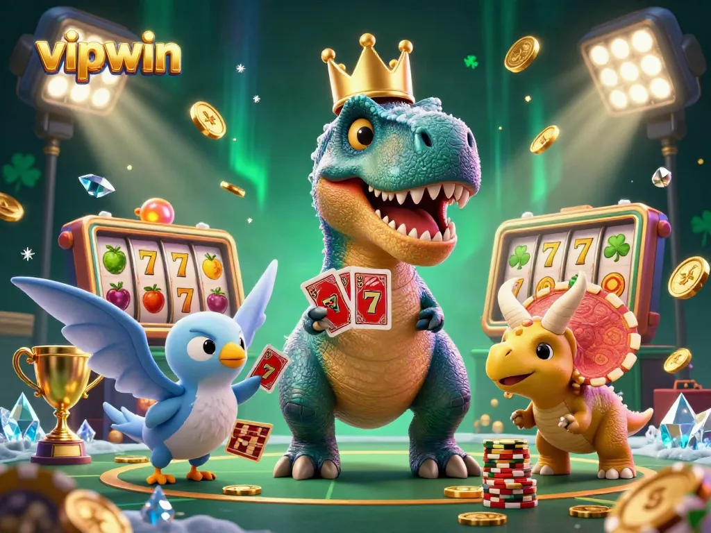 Experience thrilling gameplay at vipwin with a friendly T-Rex, pterodactyl, and triceratops in a vibrant casino scene.
