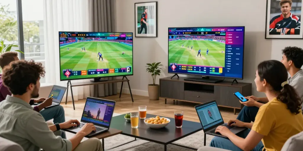 Lotus365 online betting with friends enjoying cricket, laptops, and vibrant odds