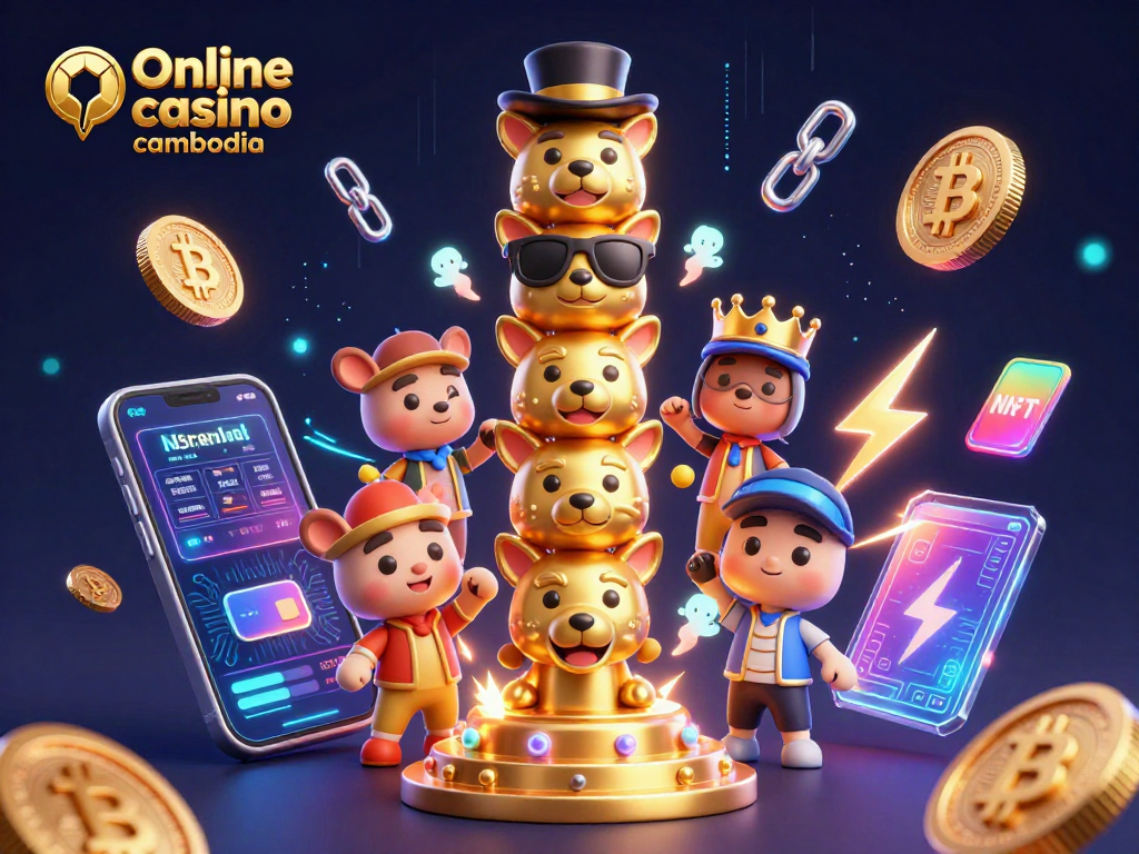 Engage in online casino Cambodia with vibrant 3D illustration featuring casino symbols and cryptocurrency elements.