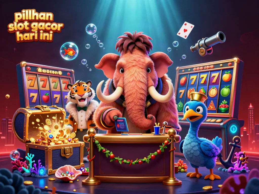 Gambarlah pilihan slot gacor hari ini yang menampilkan pemandangan kasino 3D dengan mamoth dan tamu VIP.
