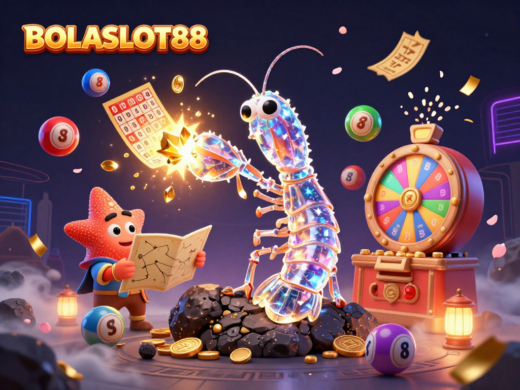 Engage with BOLASLOT88 in an exciting 3D scene bursting with colorful lottery and casino elements.