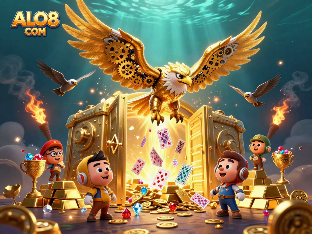 Experience the thrill of ALO8 COM as a golden eagle dives through holographic cards, surrounded by treasures.
