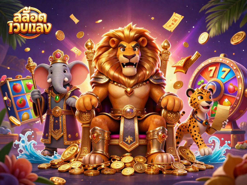 Engage with สล็อตเว็บตรง in a vibrant illustration featuring a lion king, elephant advisor, and cheetah messenger, surrounded by slot game elements.