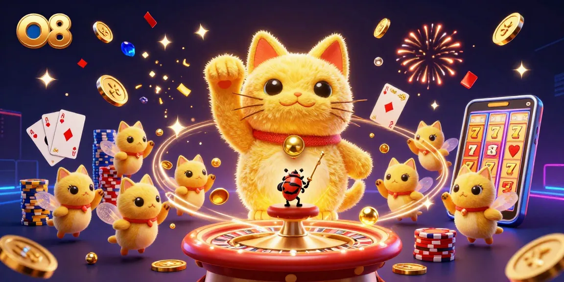Experience O8’s vibrant casino scene with dynamic symbols and lucky cat, capturing the thrill of gambling.