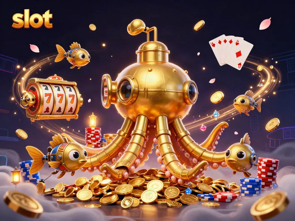 Experience thrilling slot action featuring a golden kraken submarine amidst cascading coins and vibrant game elements.