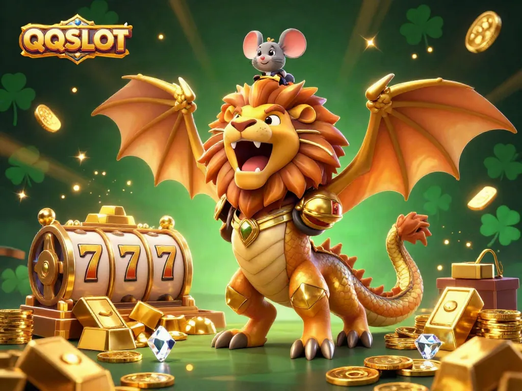 Experience thrilling gameplay on QQSLOT with vibrant slot reels and a majestic chimera in an artistic scene.