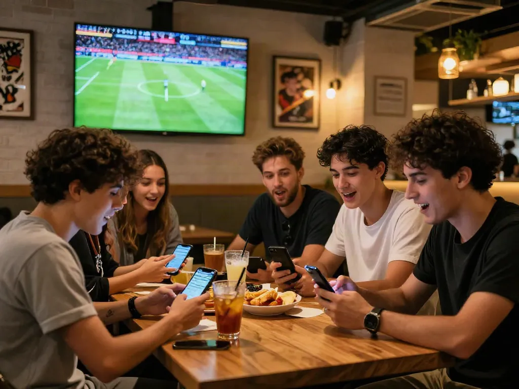 Link alternatif 7meter dalam suasana taruhan olahraga dengan teman-teman di kafe modern.