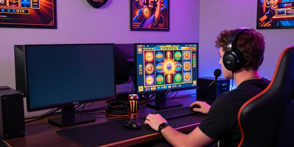 Player enjoying an exhilarating slot jackpot experience on a vibrant gaming setup with colorful monitors.