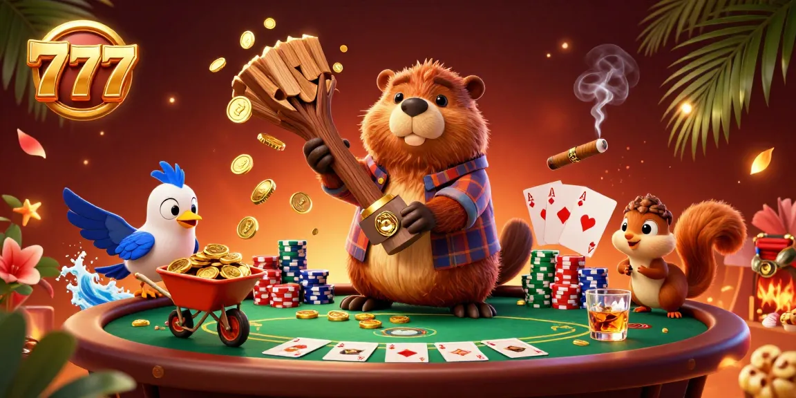 Collect coins with the lucky 777 beaver in a vibrant casino scene packed with energy.