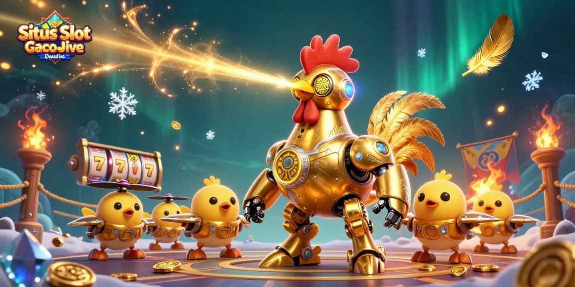 Situs Slot Gacor Dewalive showcases a dynamic scene with a futuristic golden rooster robot and baby chick drones engaging in a thrilling slot adventure.