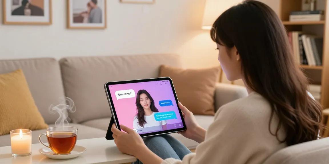 Engaging interaction with an AI girlfriend, showcasing personalized chat in a cozy home setting.