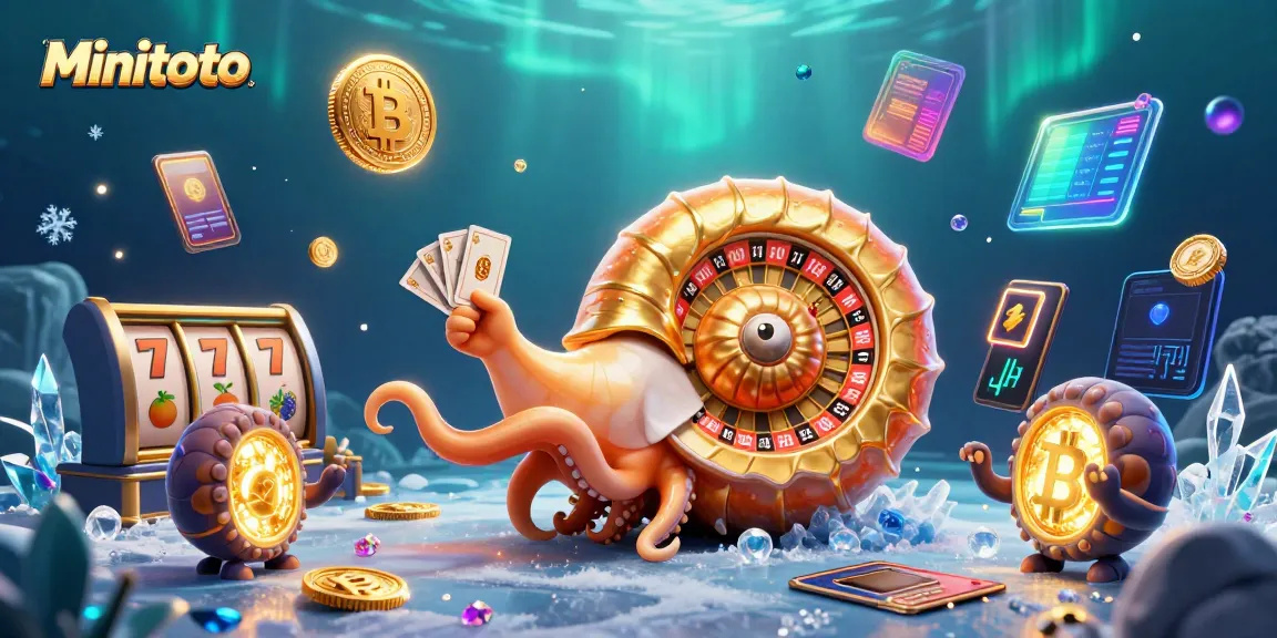 Bermain Minitoto dengan simbol slot dan jackpot di latar belakang laut dalam.