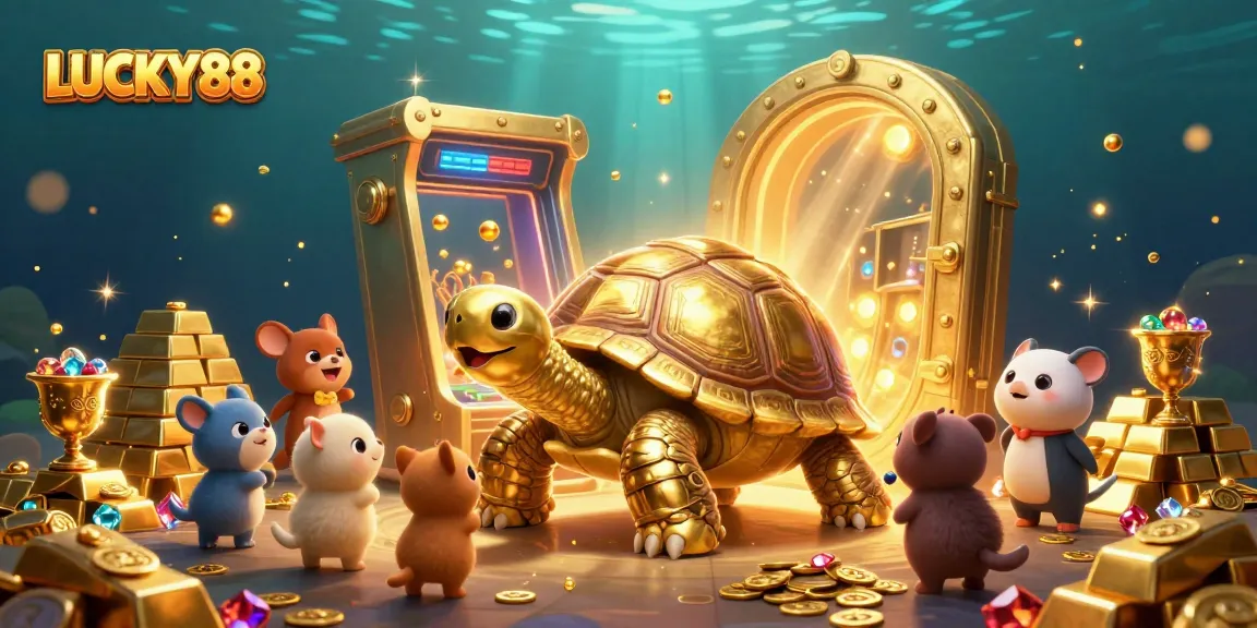 Experience the excitement of LUCKY88 with a vibrant 3D illustration of casino games and treasures.