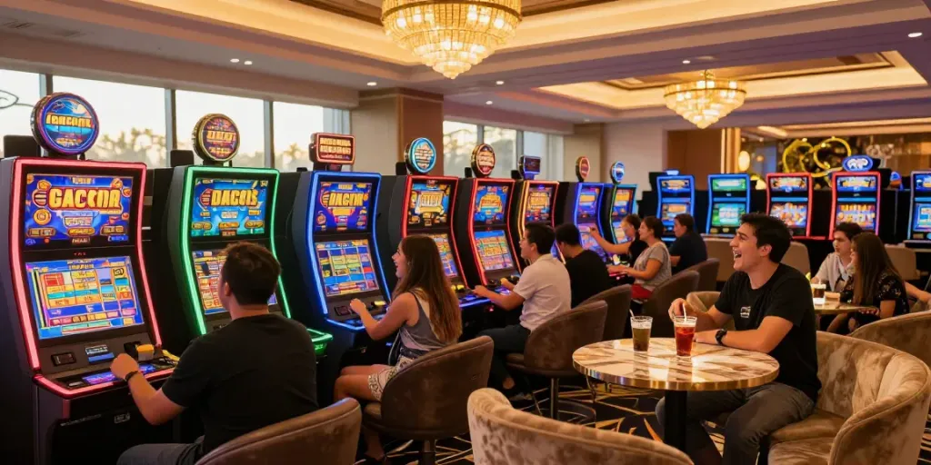 Casinos and friends enjoying slot gacor games in a vibrant lounge.