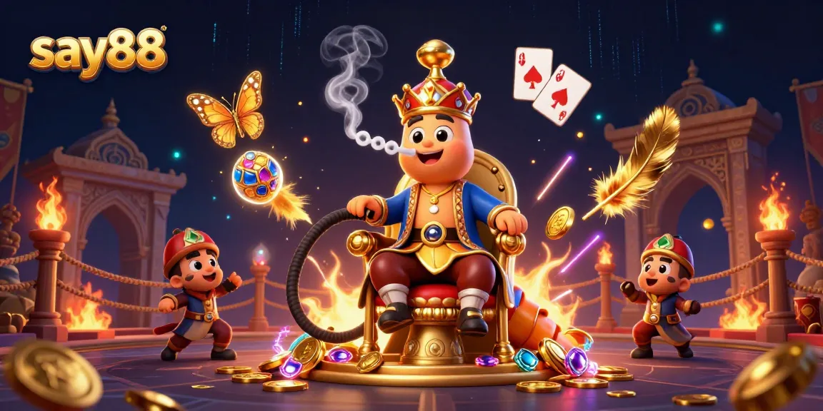 Engage with say88 at a colorful gambling scene featuring a whimsical caterpillar and a treasure of games.