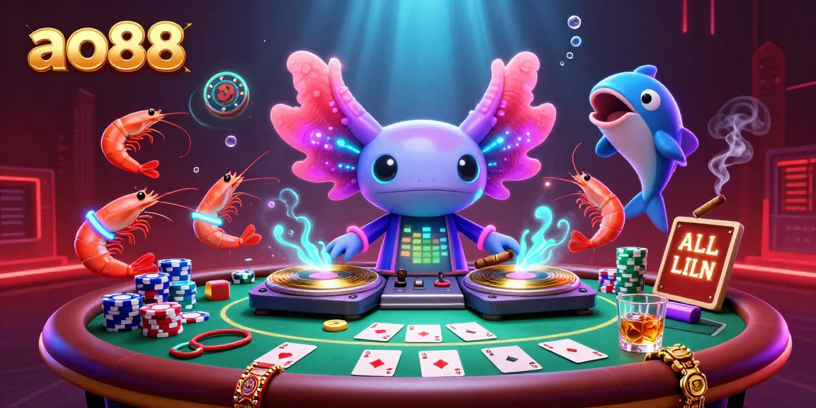 Celebrate ao88 with a dynamic 3D casino scene featuring an axolotl DJ, poker chips, and vibrant underwater energy.