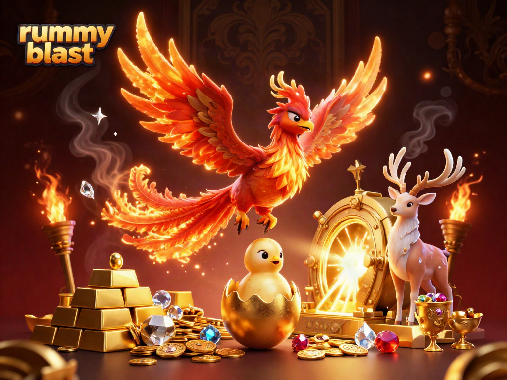 Engage in thrilling rummy blast gameplay with vibrant golden treasures and dynamic characters.