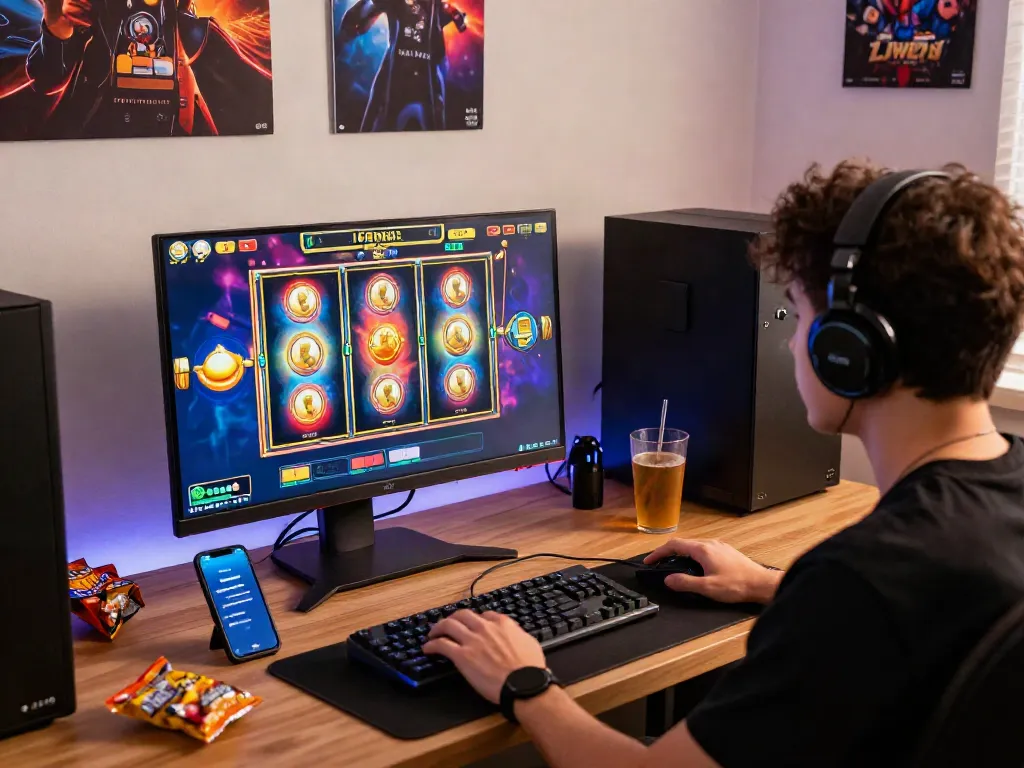 Engaging with slot gacor maxwin game on a modern gaming setup with colorful reels and ambient lighting.