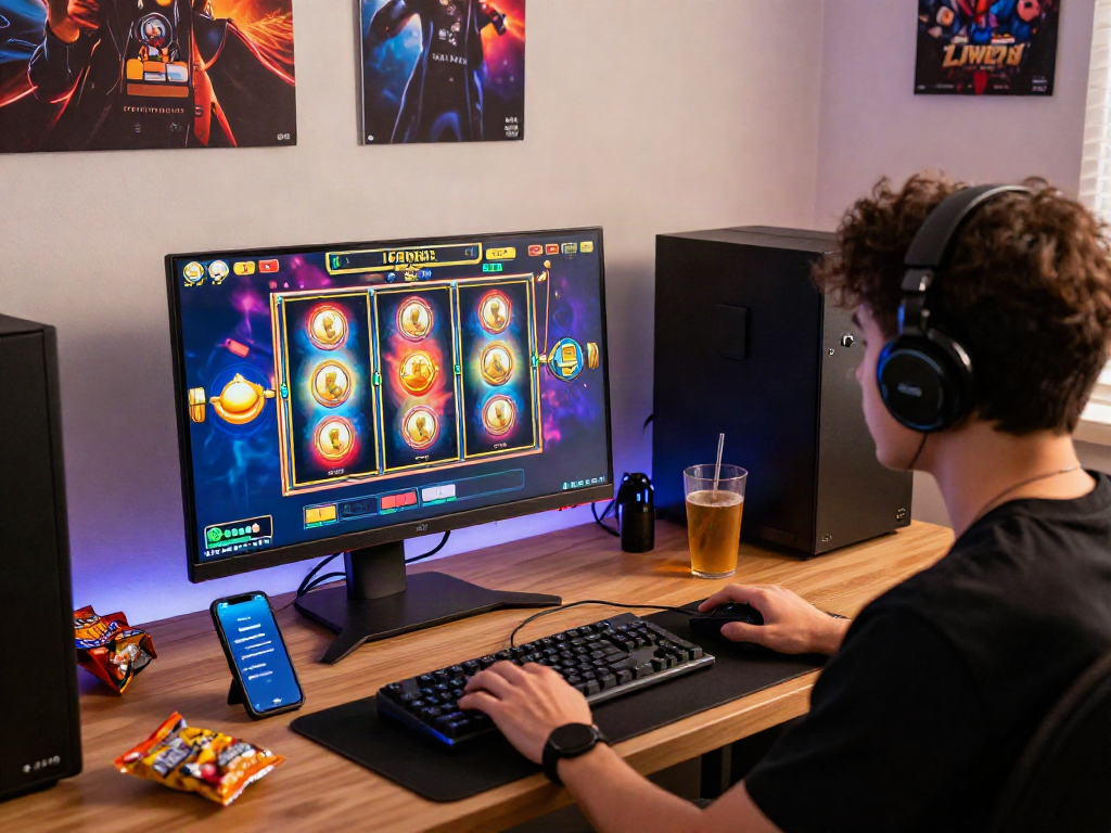 Engaging with slot gacor maxwin game on a modern gaming setup with colorful reels and ambient lighting.