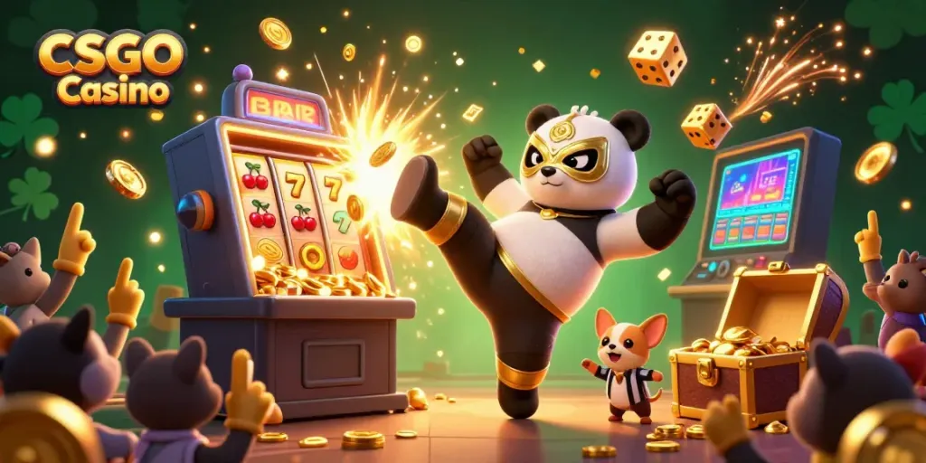 Exciting scene featuring CSGO Casino elements with a panda wrestling character in action.