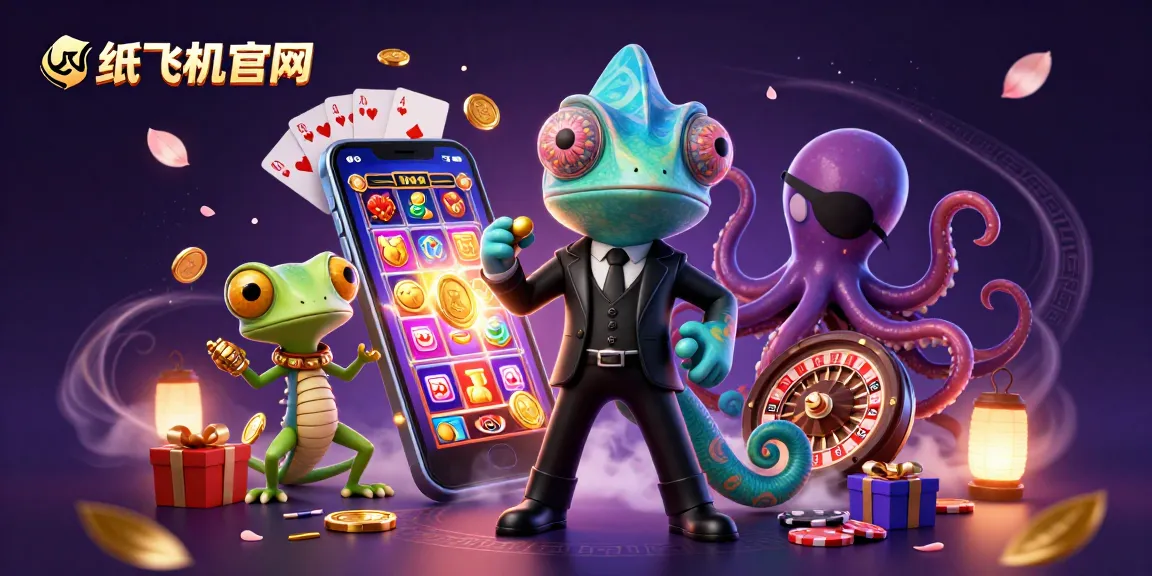 Engage in thrilling games at 纸飞机官网 featuring a secret agent chameleon, gecko, and octopus amidst vibrant casino elements.