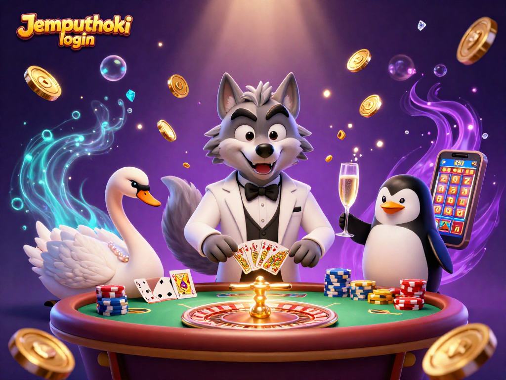 Engage with Jemputhoki login in a vibrant 3D casino scene featuring a debonair wolf and elegant characters.