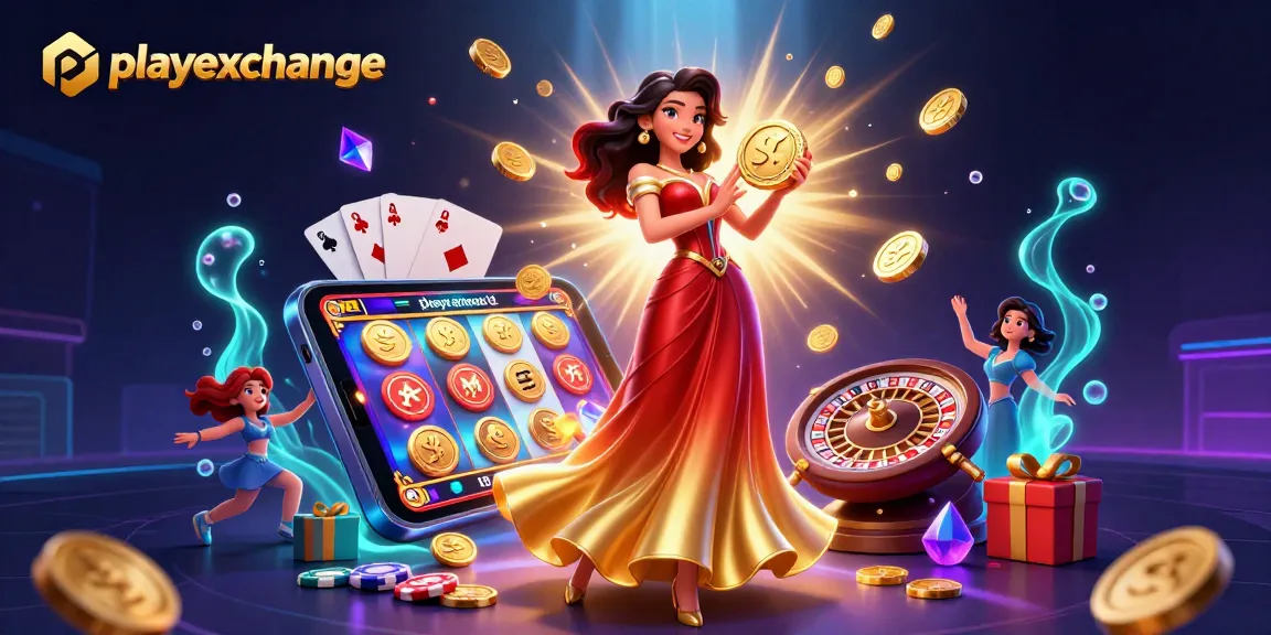 Win big with playexchange as a stunning Asian woman celebrates a jackpot with golden coins raining around her.