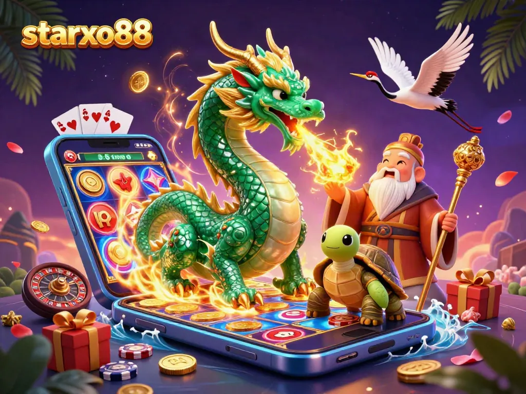 Experience starxo88 excitement with a vibrant illustration showcasing a dragon, sage, and lucky cranes.