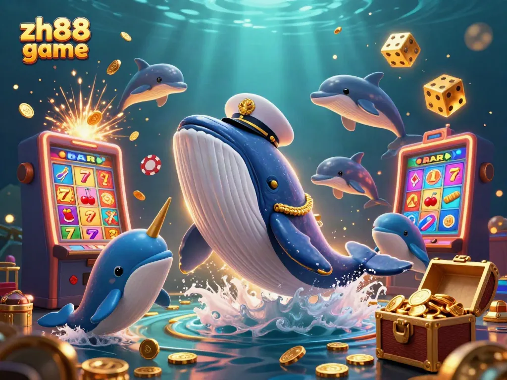Experience the thrill of the zh88 game with cartoon characters celebrating among coins and casino elements.