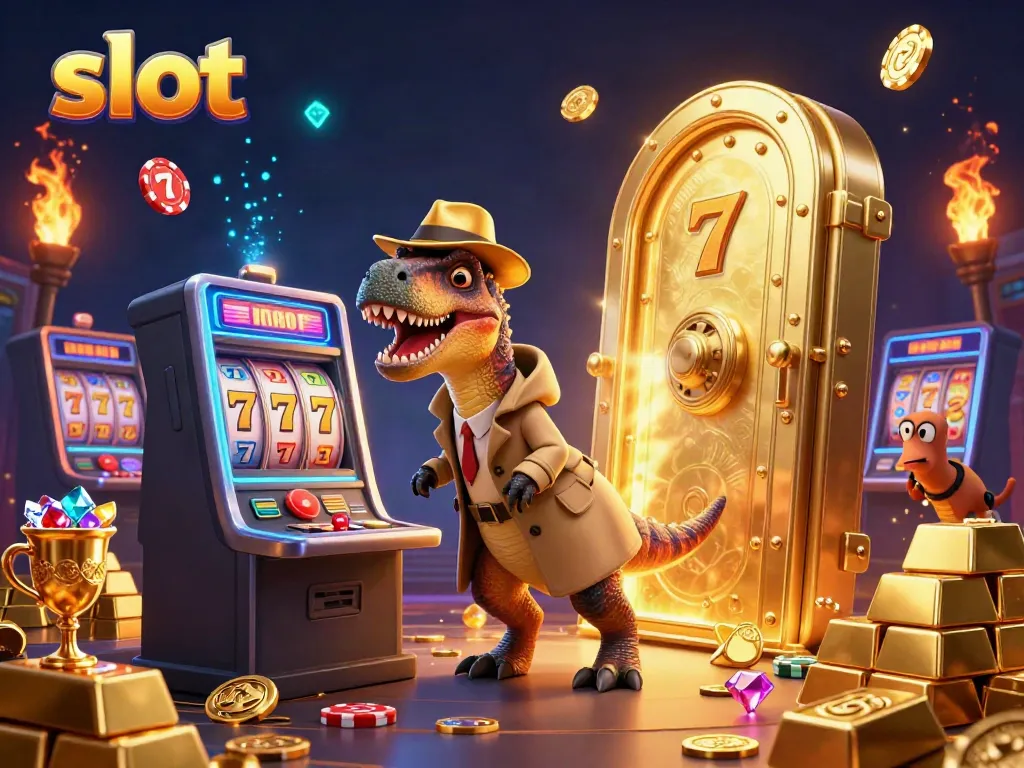 Engaging slot machine scene with a velociraptor card counter and a stegosaurus pit boss amid sparkling treasures.