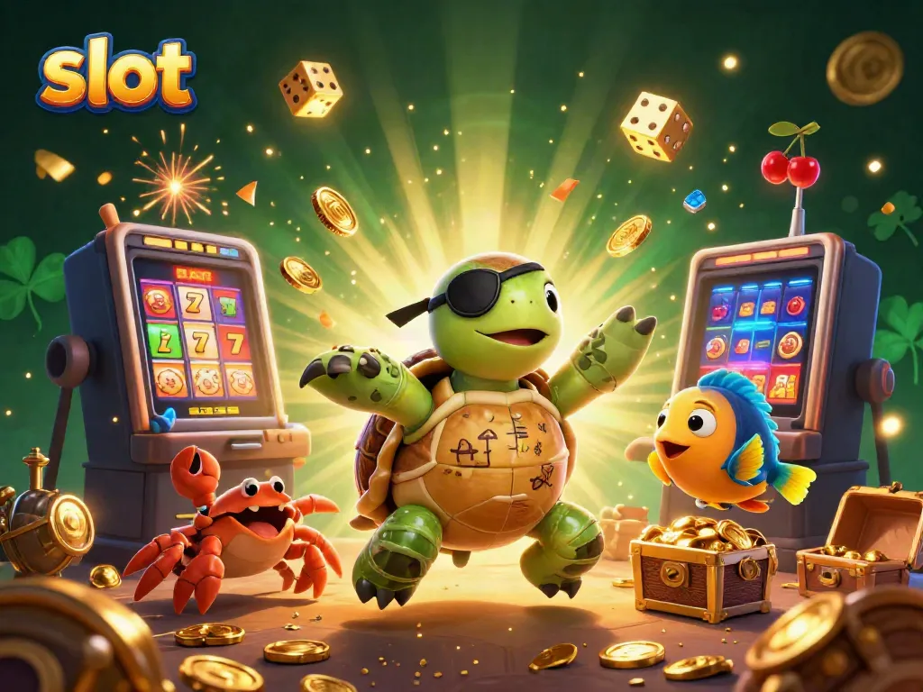 Gali slot seru dengan karakter kura-kura bajak laut dan mesin slot penuh harta.