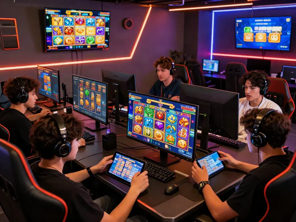 Players immersed in a slot game competition with vibrant screens and engaging atmosphere.