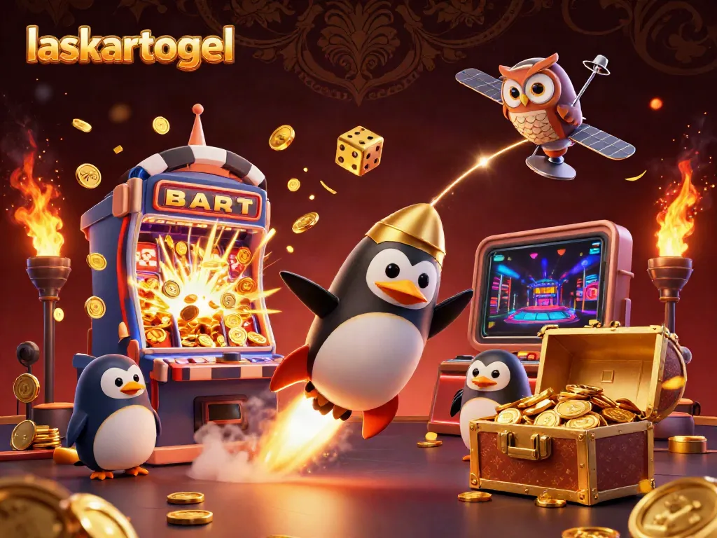 Experience the thrill of laskartogel with a golden penguin soaring through an exciting casino world overflowing with jackpot treasures.
