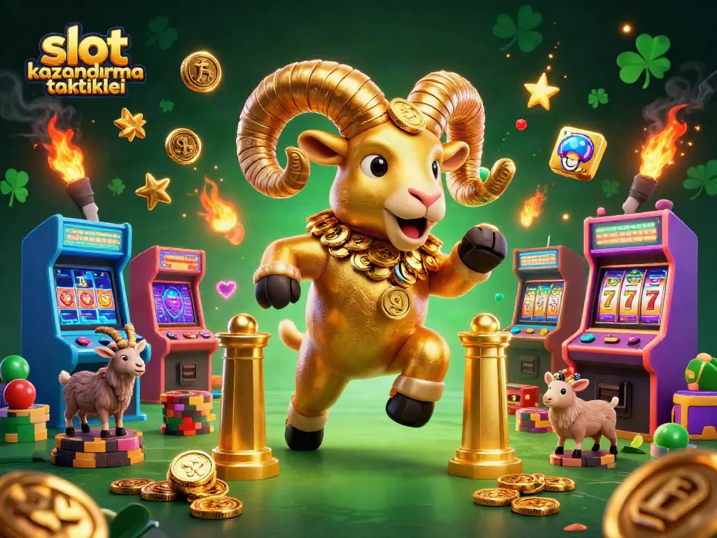 Engage in slot kazandırma taktikleri with bright arcade elements and a golden ram charging through casino gates.