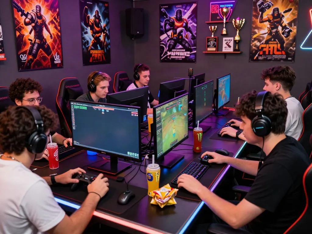 Engaging akunjp gaming scene with diverse players competing in a lively atmosphere surrounded by colorful LEDs.