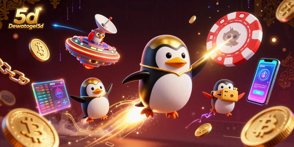 Engage with the action of Dewatogel 5d, featuring a golden penguin racing towards a casino chip.