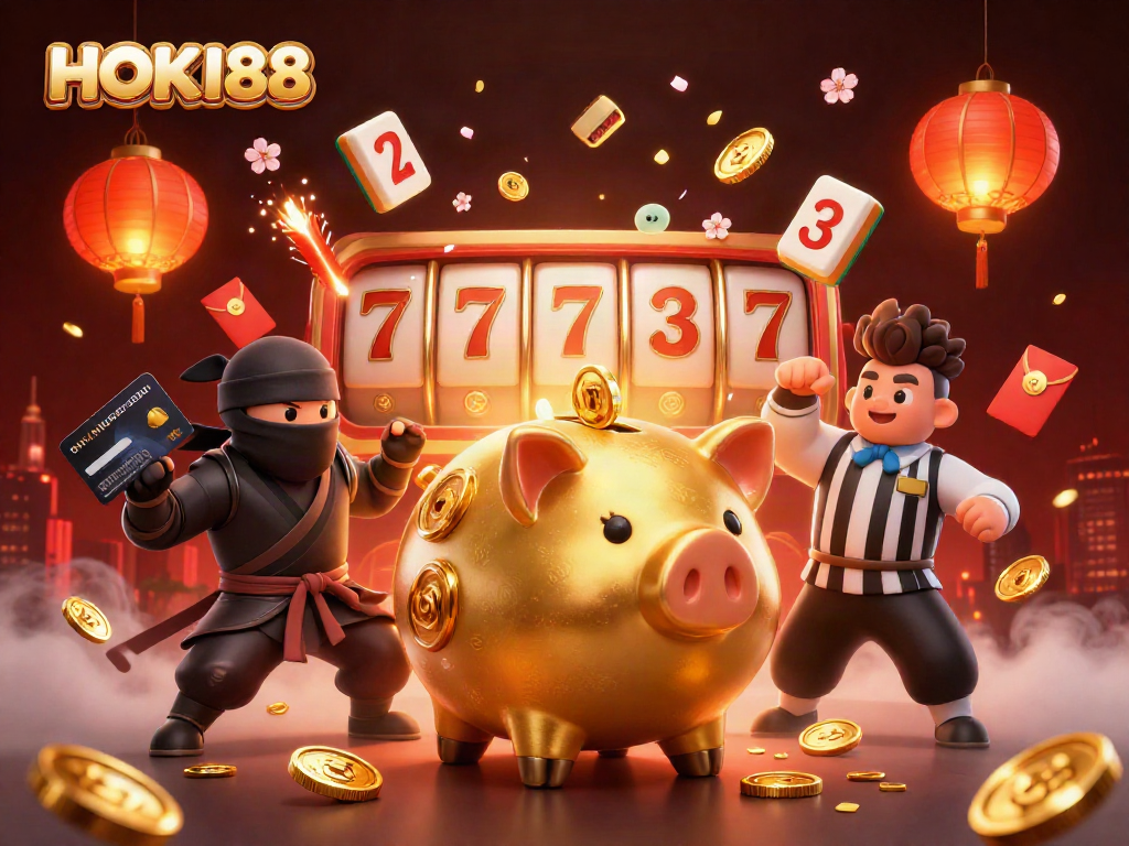 Engage with HOKI88's thrilling 3D casino scene featuring a sumo wrestler and vibrant elements.