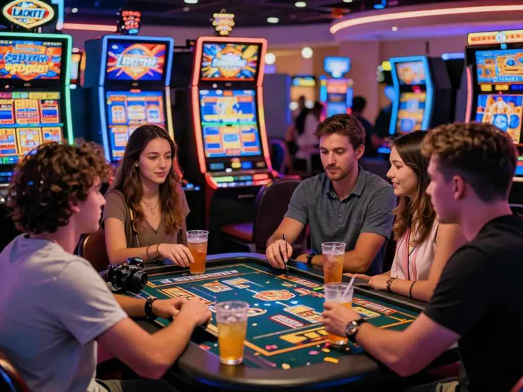Exciting Lucky777 casino scene featuring friends enjoying slot games together with colorful lights and drinks.