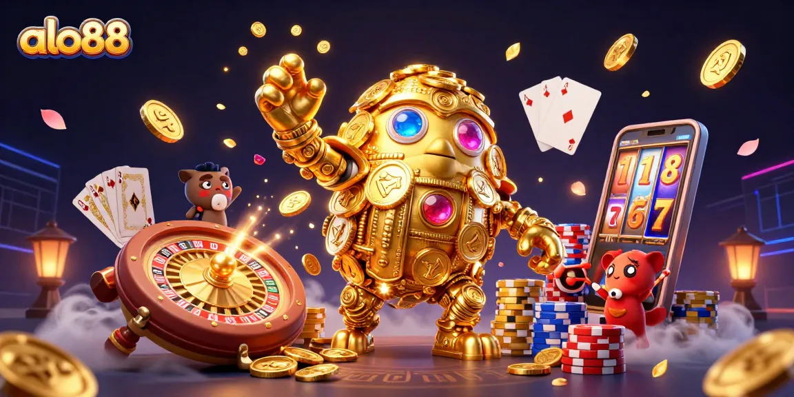 Experience exciting gaming adventures at alo88 with vibrant CGI of a golden golem and casino elements.